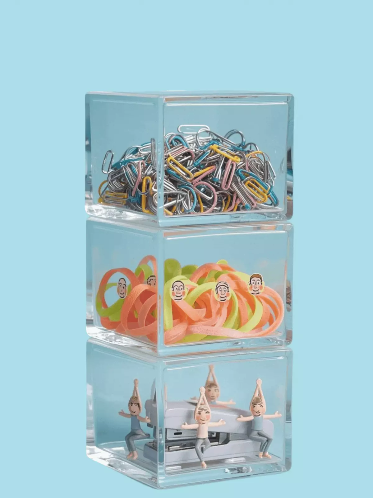 Humorous employee appreciation card featuring transparent glass layers filled with funny office items and puns, illustration style, lighthearted design.