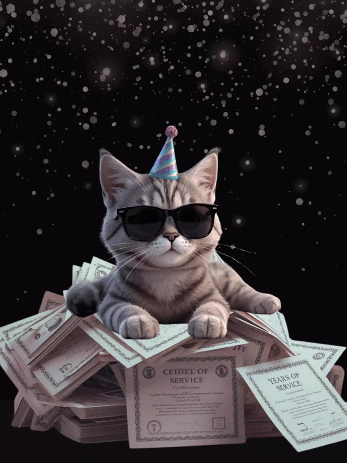 Work anniversary card featuring a cool cat illustration in vibrant colors, celebrating a work milestone, funny and lighthearted design.