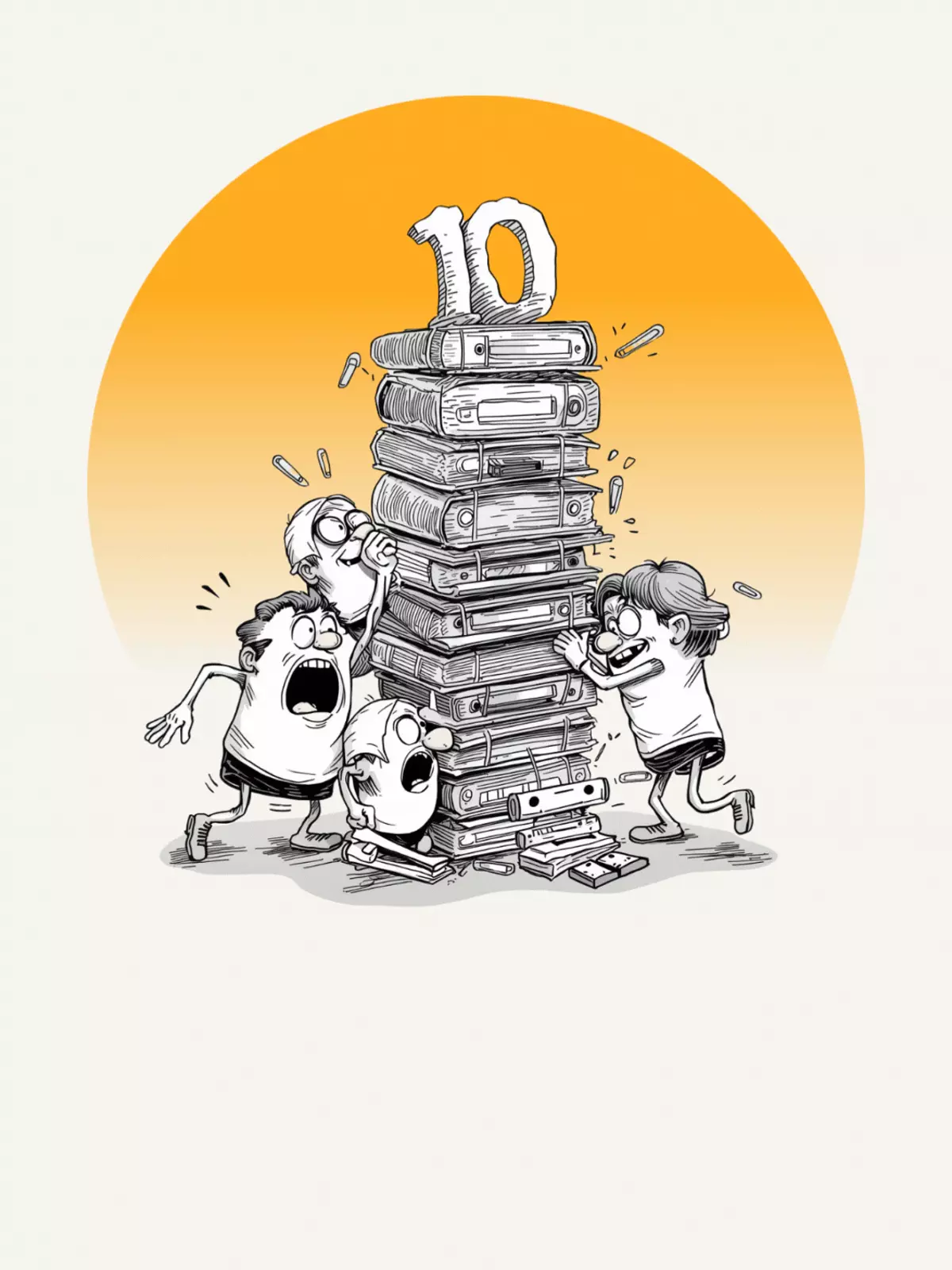 Humorous line art work anniversary card featuring office supplies building a landmark, celebrating a milestone, funny and lighthearted design.