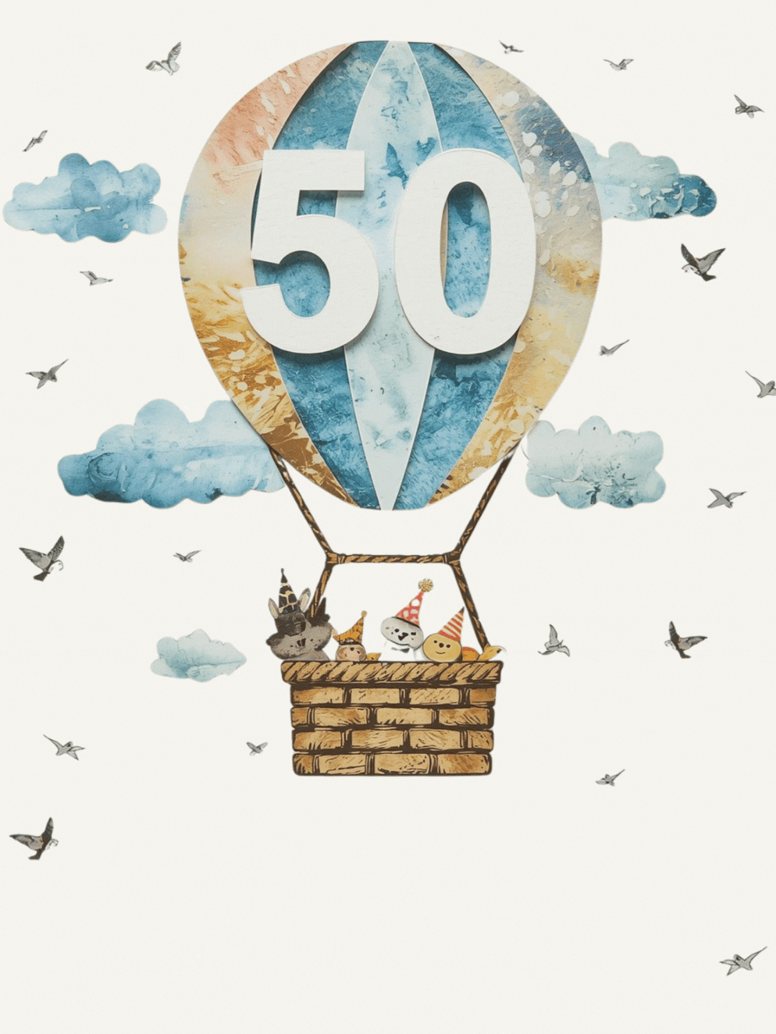 3D watercolor hot air balloon greeting card, colorful and whimsical design, perfect for milestone birthdays or 'just because' moments, celebrating adventure and new beginnings.