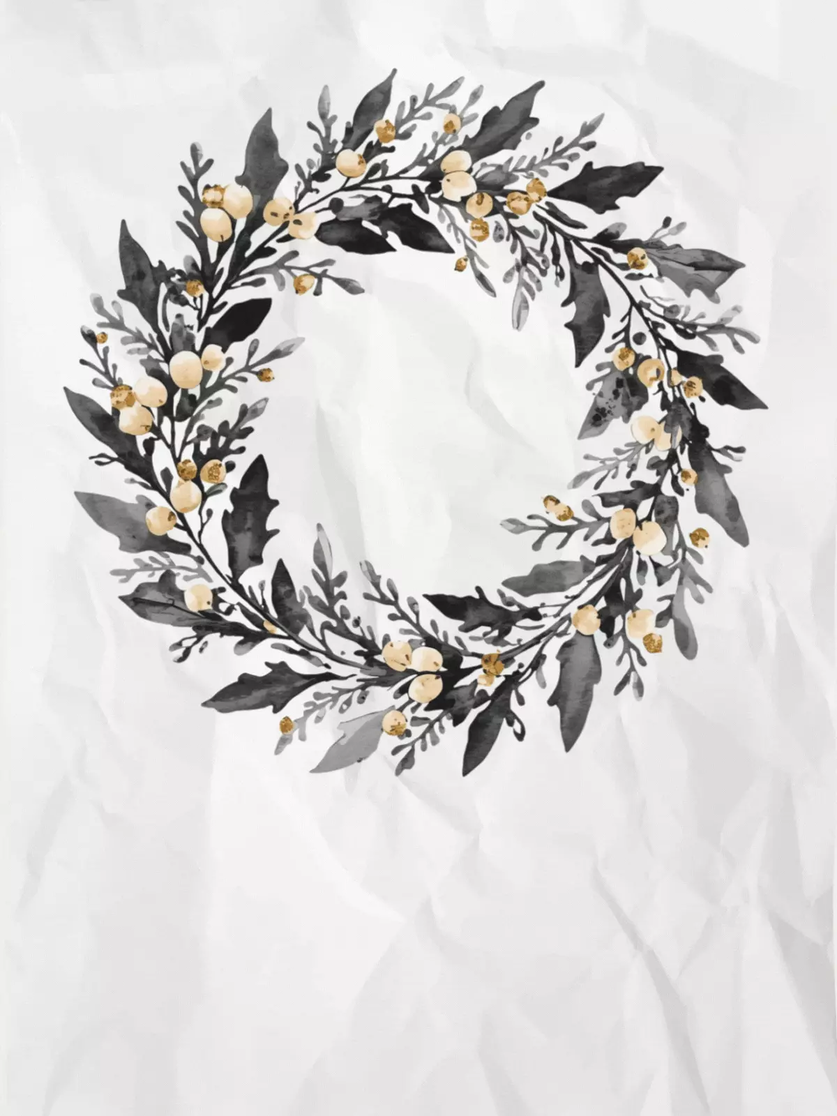 Elegant Christmas card featuring a black, white, and gold watercolor wreath, minimalist design style, perfect for sending holiday greetings to family and friends.