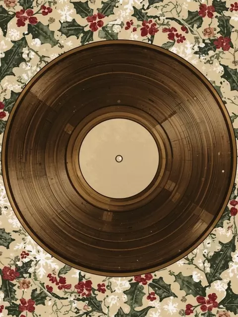 Vintage-inspired Christmas card featuring a vinyl record design with a plastic texture, celebrating a 25th anniversary Christmas with artistic watercolor elements.