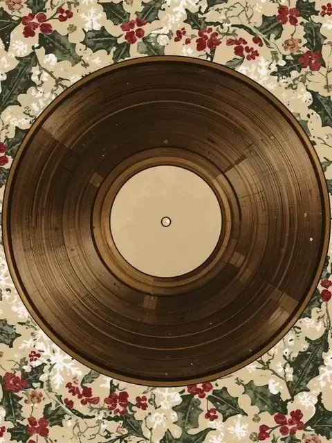 Vintage-inspired Christmas card featuring a vinyl record design with a plastic texture, celebrating a 25th anniversary Christmas with artistic watercolor elements.