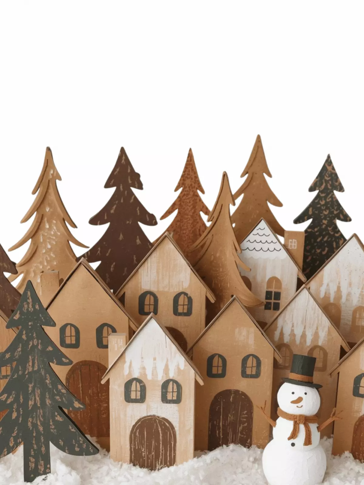 Whimsical Christmas card featuring a cardboard cutout village scene in watercolor style, perfect for kids and families, handmade aesthetic.