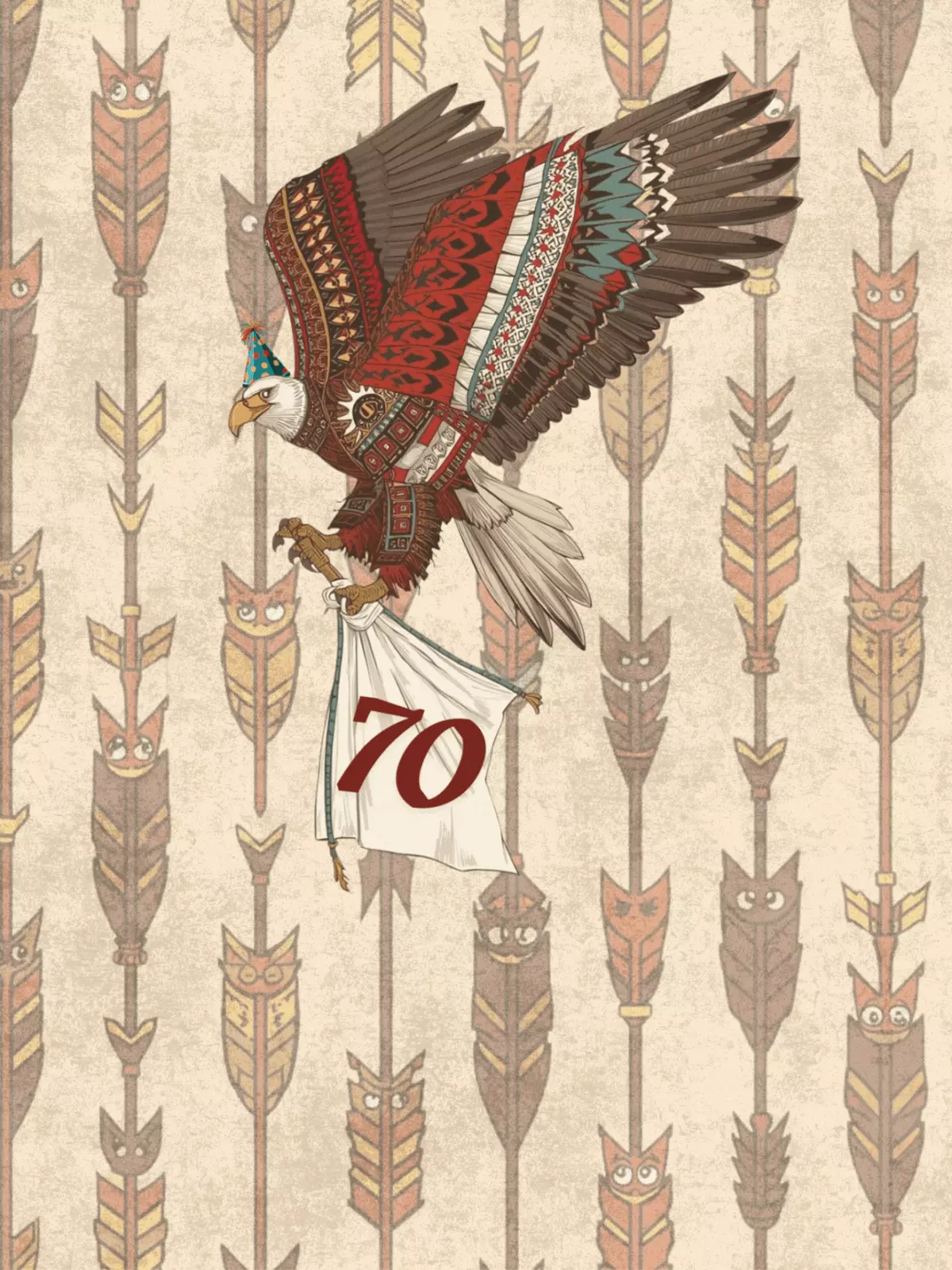 Vibrant 70th birthday card featuring Native American-inspired patterns and a stylized eagle, celebrating a milestone birthday, colorful illustration.