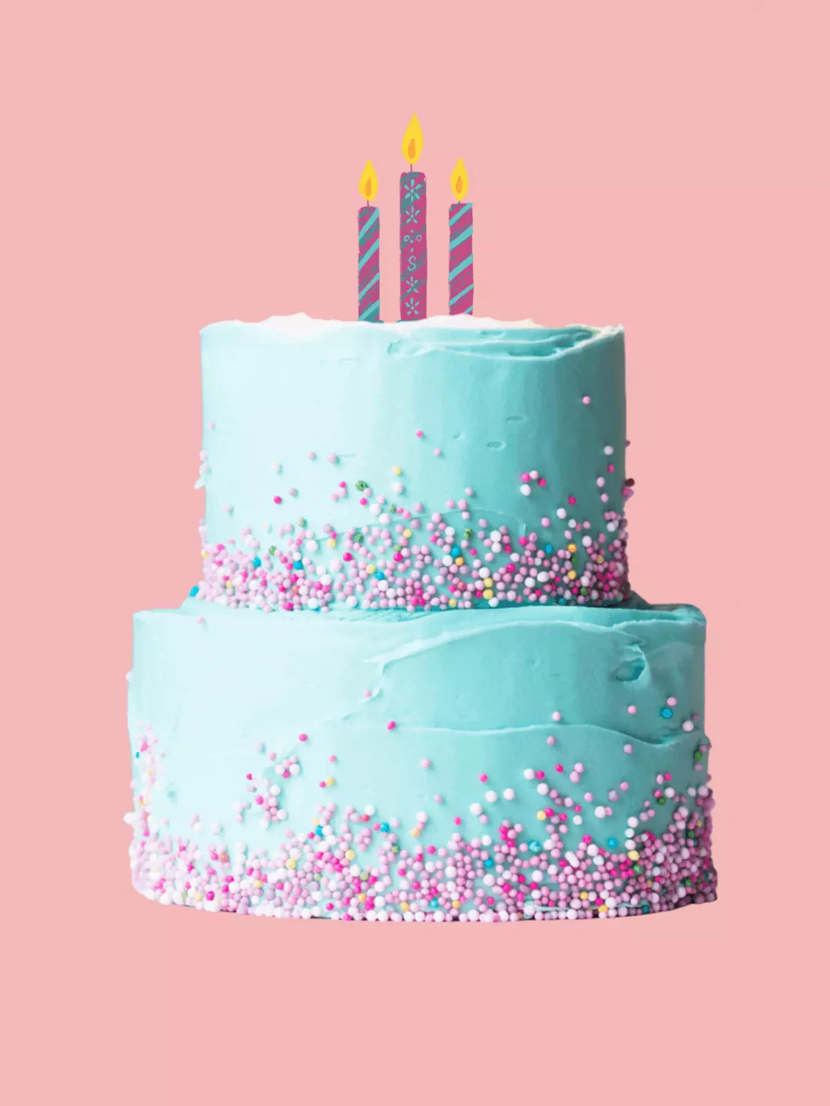 Colorful birthday card featuring the words 'Happy Birthday' shaped like a cake with candles and sprinkles. Fun and festive illustration.