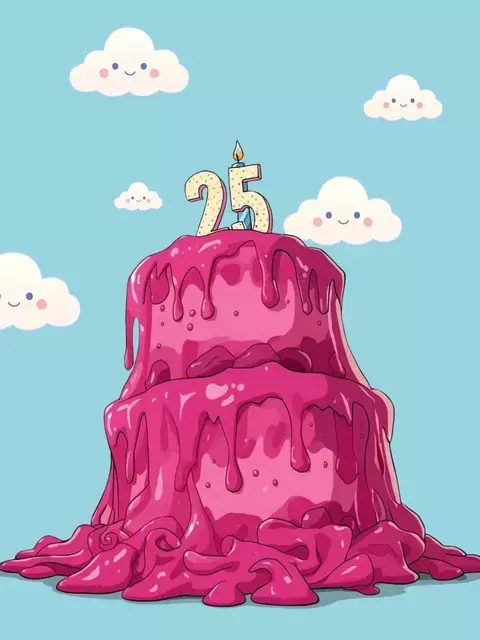 Elegant 25th birthday card featuring a three-tiered cake with silky fabric effect, soft gradients, and shimmering textures, perfect for celebrating a milestone birthday.