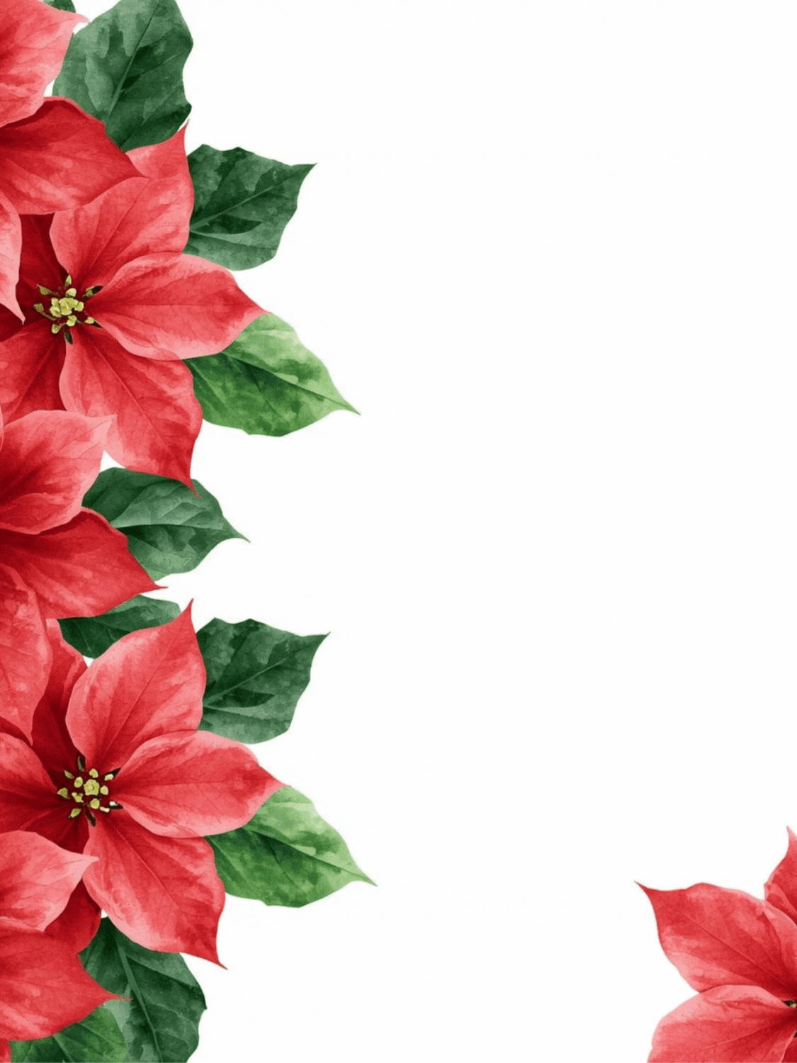 Elegant Christmas card featuring a watercolor poinsettia border in red and green, festive holiday design, hand-painted floral arrangement.