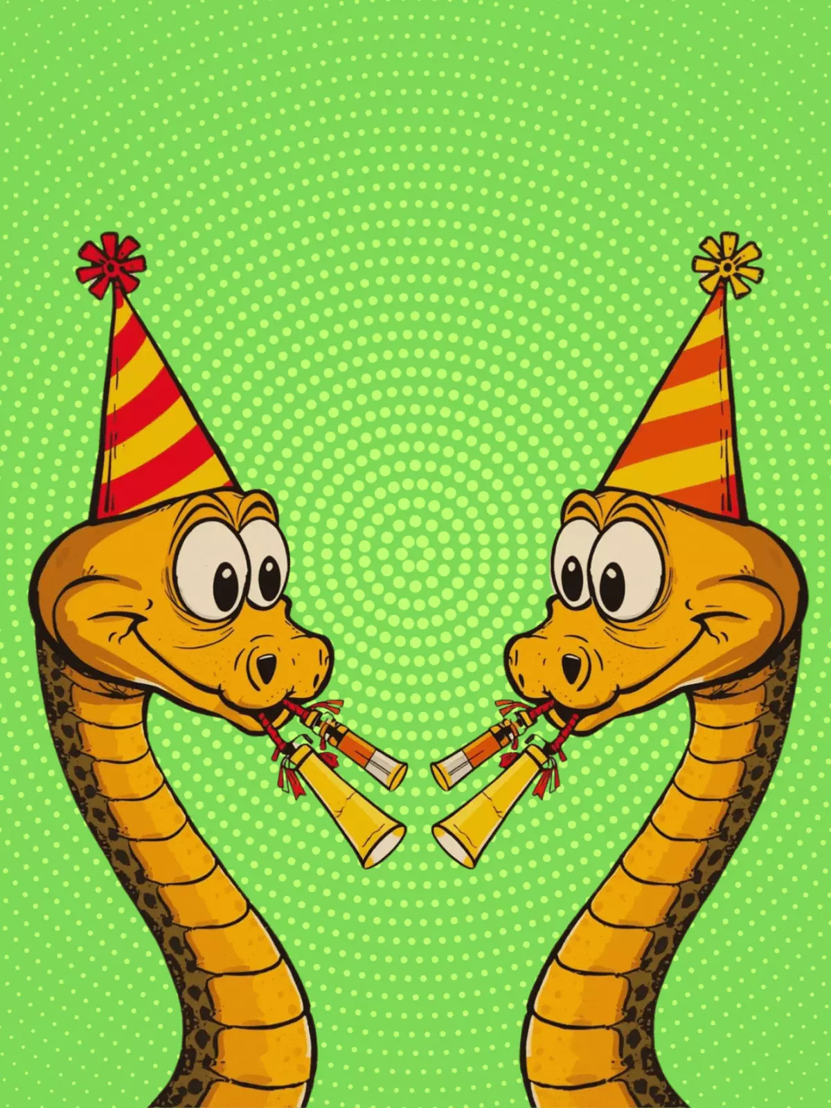 Funny cartoon birthday card featuring two snakes wearing party hats and blowing noisemakers. Colorful illustration style, perfect for kids and siblings birthdays.