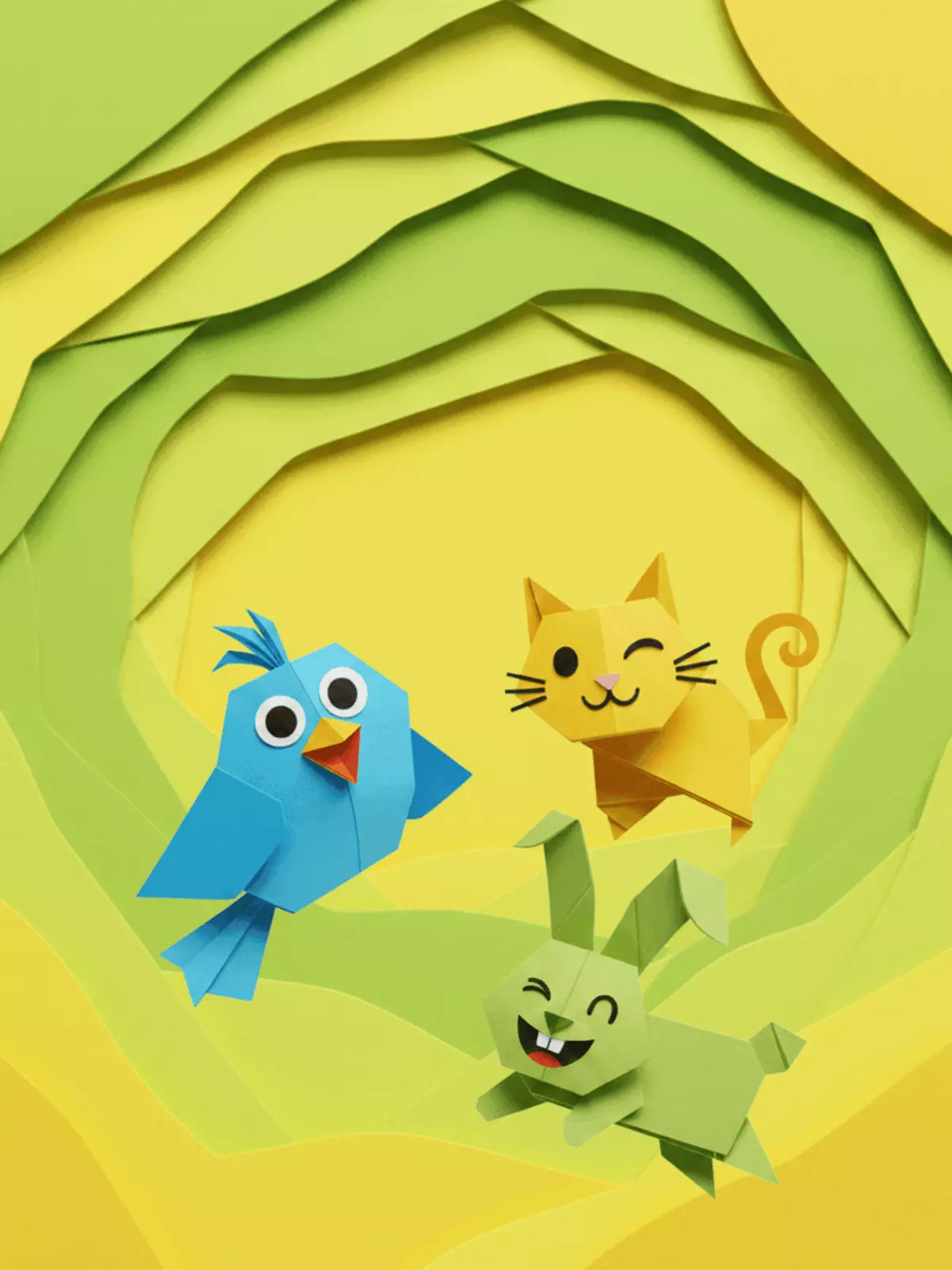 Colorful origami-inspired birthday card with playful characters popping out of folded paper, illustration style, perfect for kids and teens birthdays