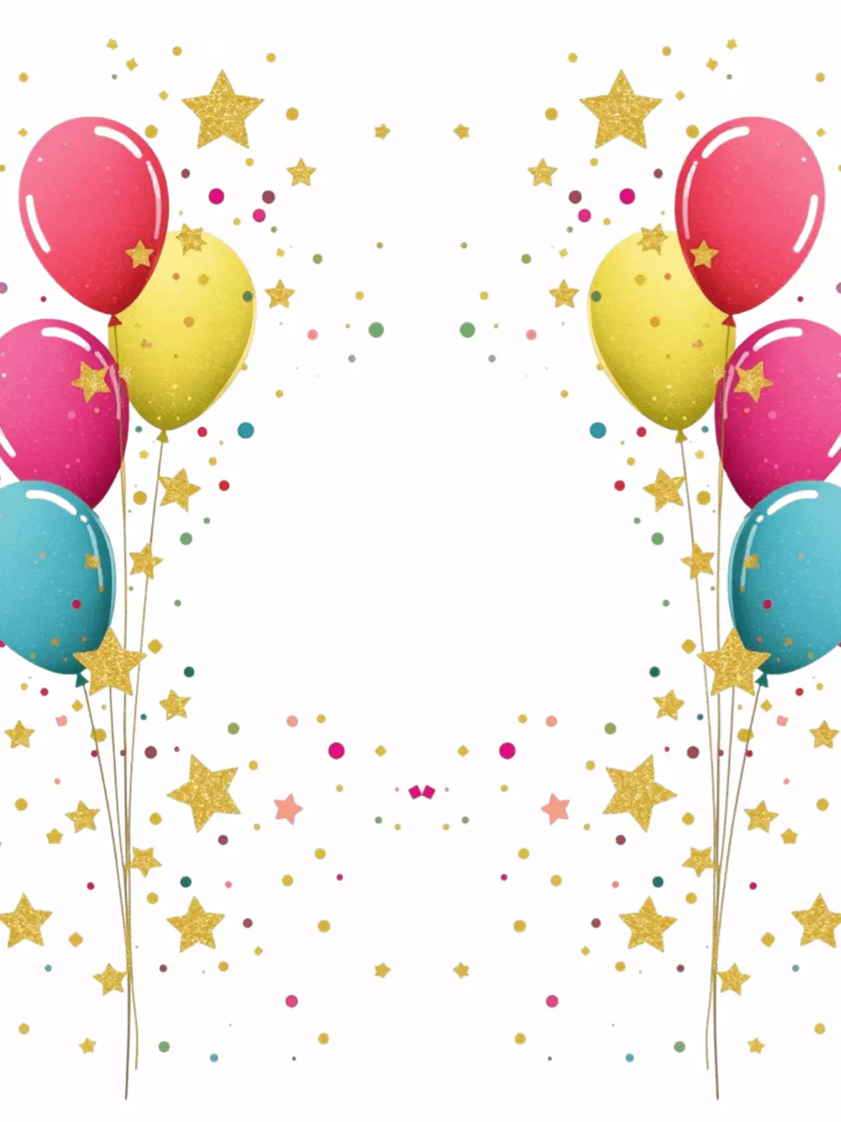 Colorful symmetrical birthday card illustration with balloons, stars, and confetti; joyful and celebratory design style for kids, siblings, and friends