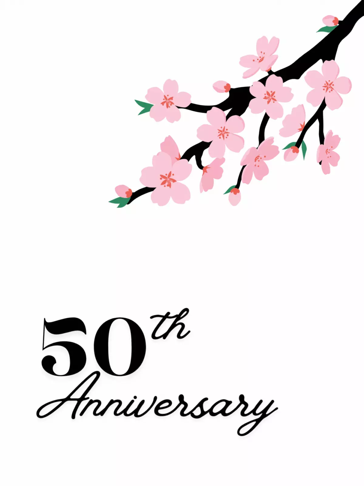 Elegant Japanese-inspired 50th anniversary card featuring a minimalist cherry blossom branch, symbolizing enduring love and a lasting relationship.