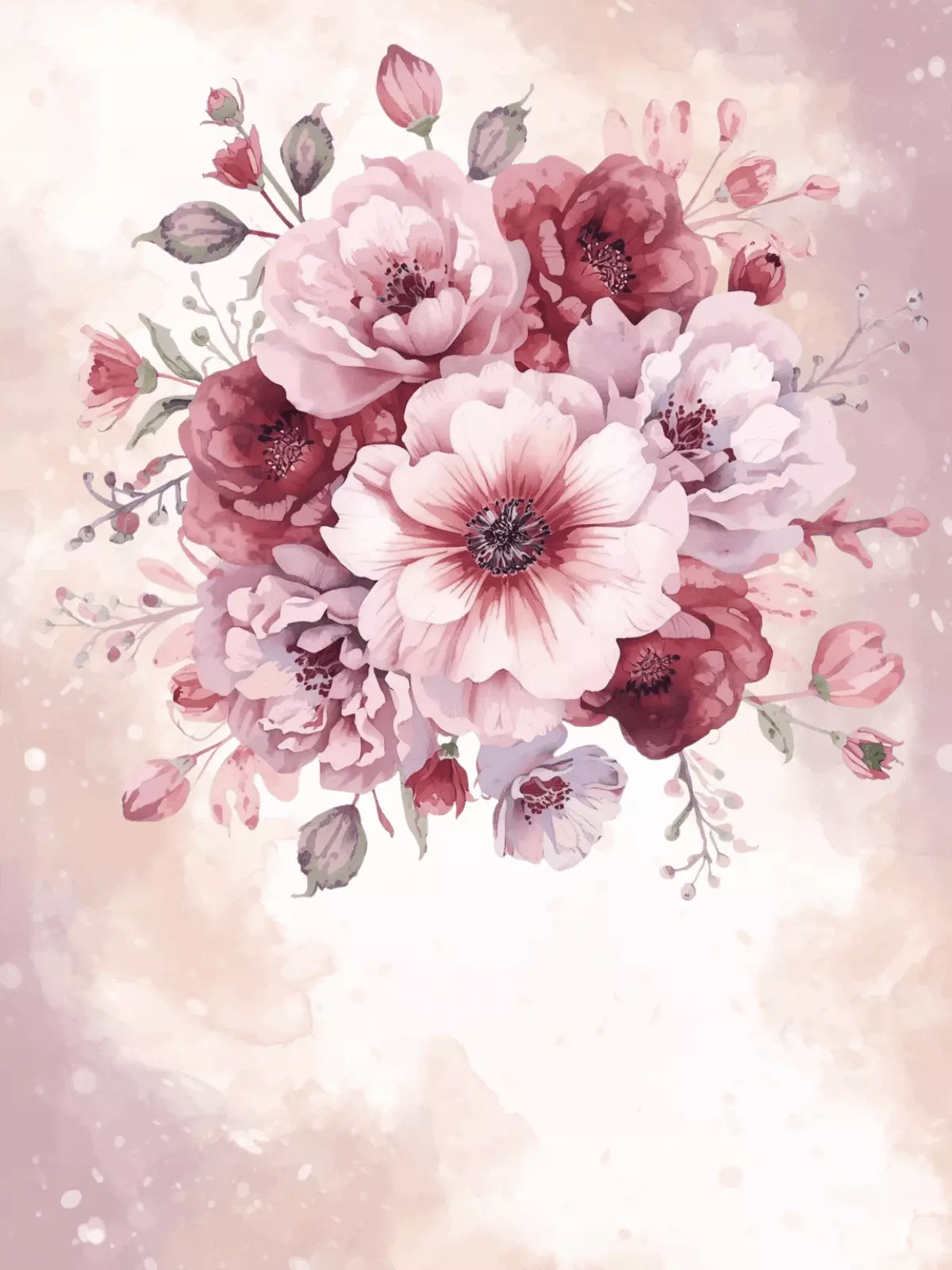 Watercolor anniversary card featuring a bouquet of flowers in analogous colors, romantic and elegant design.