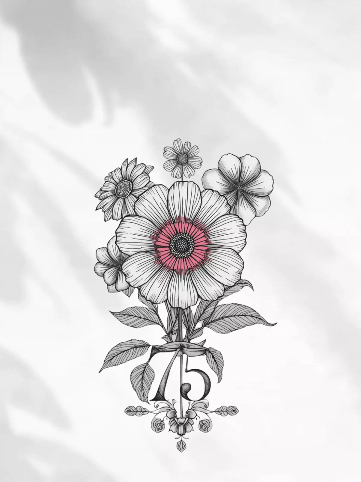 Elegant grayscale 75th birthday card with floral illustration and a single pop of color, celebrating a milestone birthday for her, for parents, or for grandparents