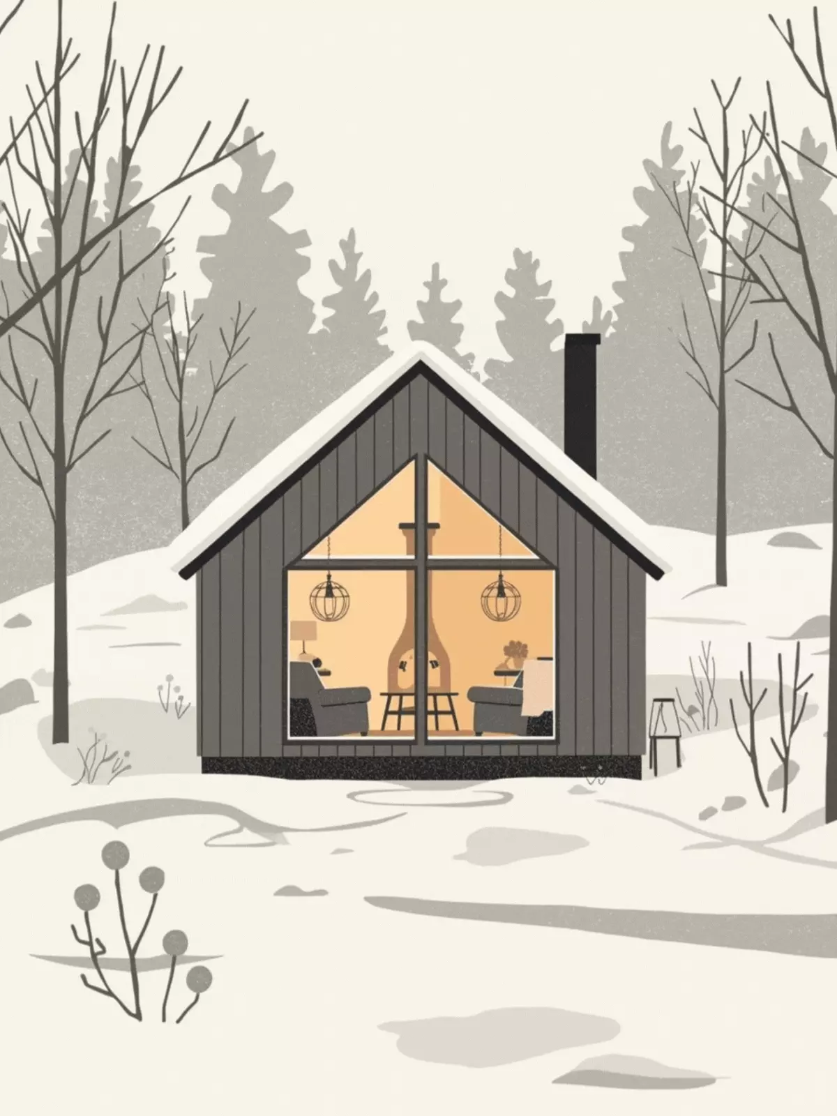 Scandinavian illustration of a cozy cabin in winter, "Thinking of You" card, warm and heartfelt design.