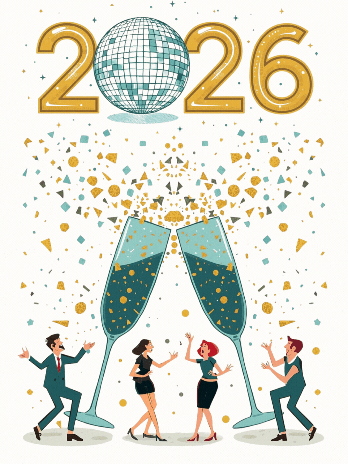 Modern New Year 2026 card with teal, gold, and white geometric design, minimalist illustration style.