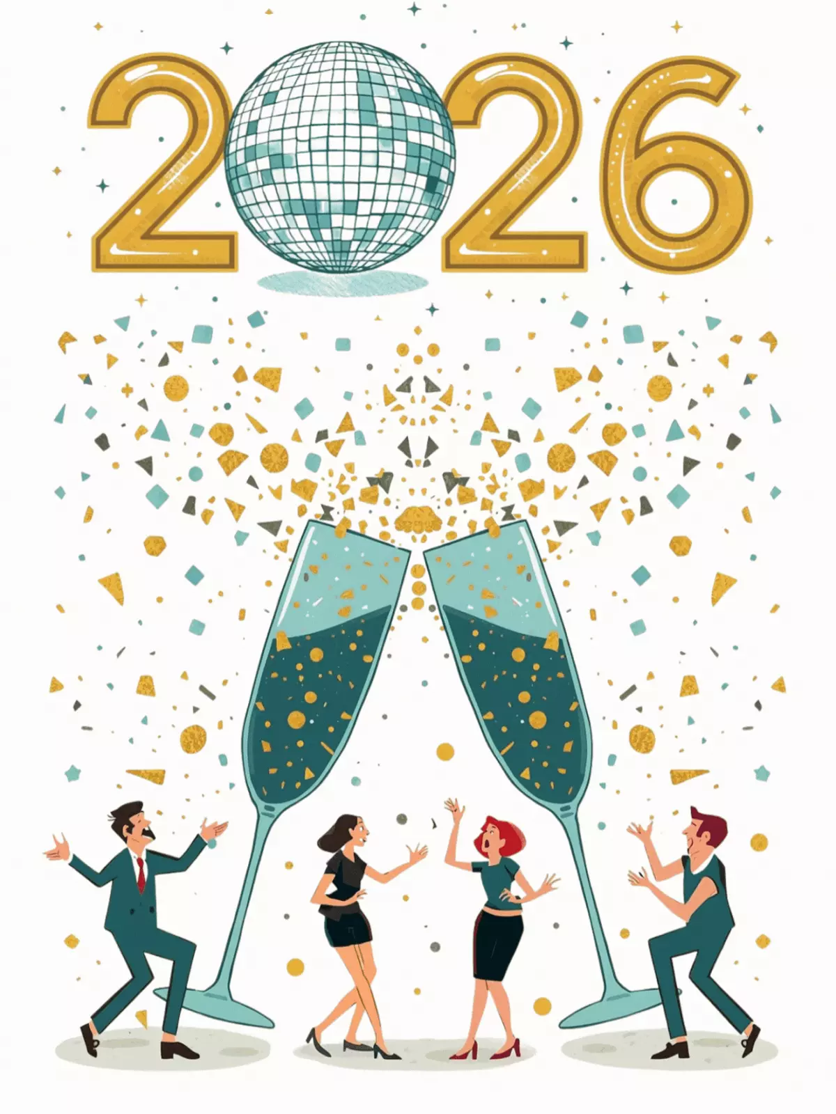 Modern New Year 2026 card with teal, gold, and white geometric design, minimalist illustration style.