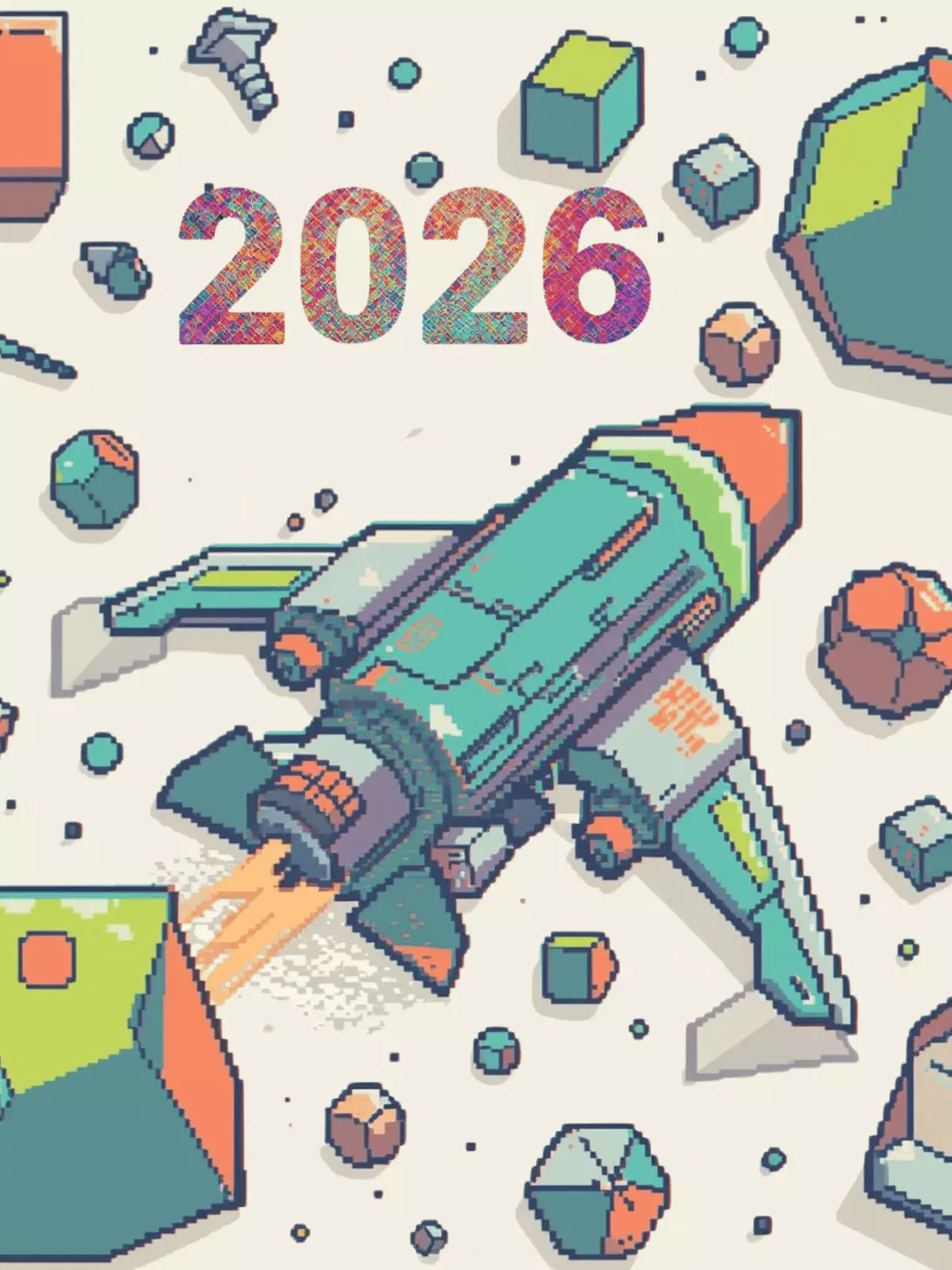 Funny New Year card featuring a pixelated retro spaceship struggling to reach 2026, digital vector design, glitchy aesthetic.