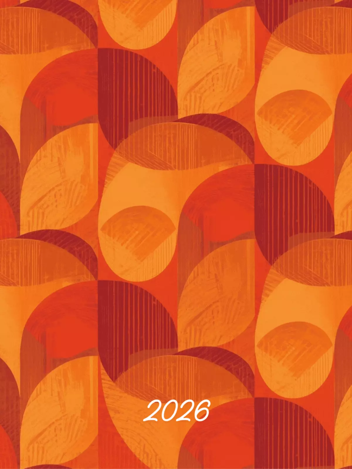 Cheerful New Year card featuring warm colors and geometric illustrations, conveying a friendly and inviting mood.