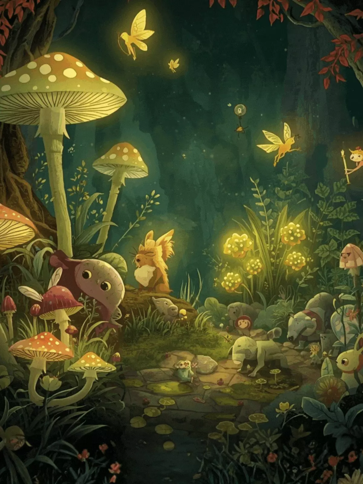 Whimsical New Year 2026 card featuring enchanted forest, glowing mushrooms, and fairytale creatures in a humorous, magical style.
