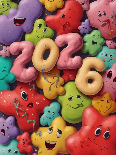 Humorous New Year 2026 card with abstract blob shapes resembling confetti and party decorations, whimsical design style, perfect for friends.