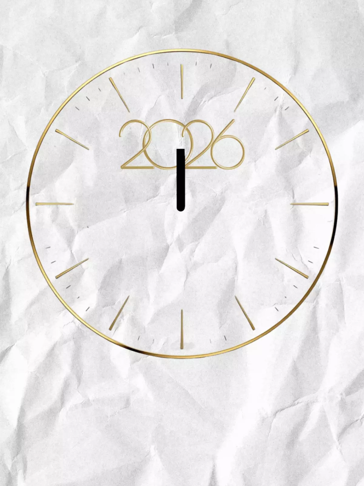 Elegant black and white New Year card with a gold accent highlighting the year 2026, illustration design style.