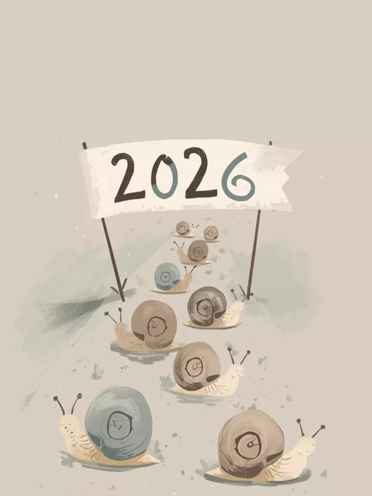 Funny New Year card illustration featuring cartoon snails racing towards a "2026" banner, muted colors, one snail wearing a party hat.