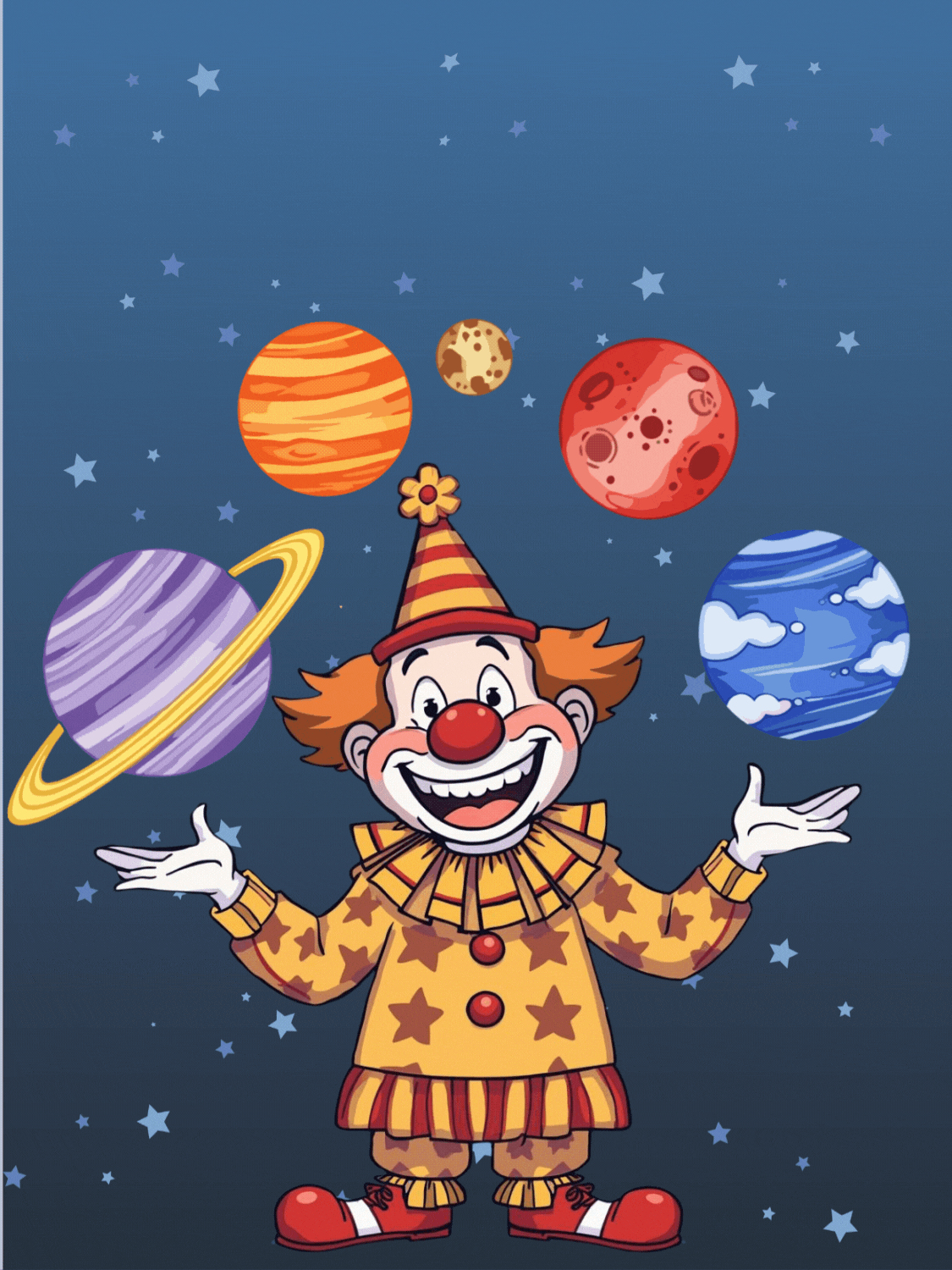 Funny New Year card featuring a clown juggling colorful planets as a cosmic countdown, illustration design, playful and bright.