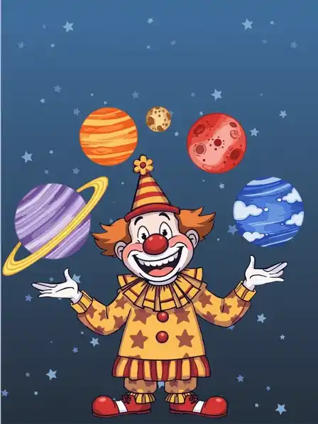 Funny New Year card featuring a clown juggling colorful planets as a cosmic countdown, illustration design, playful and bright.