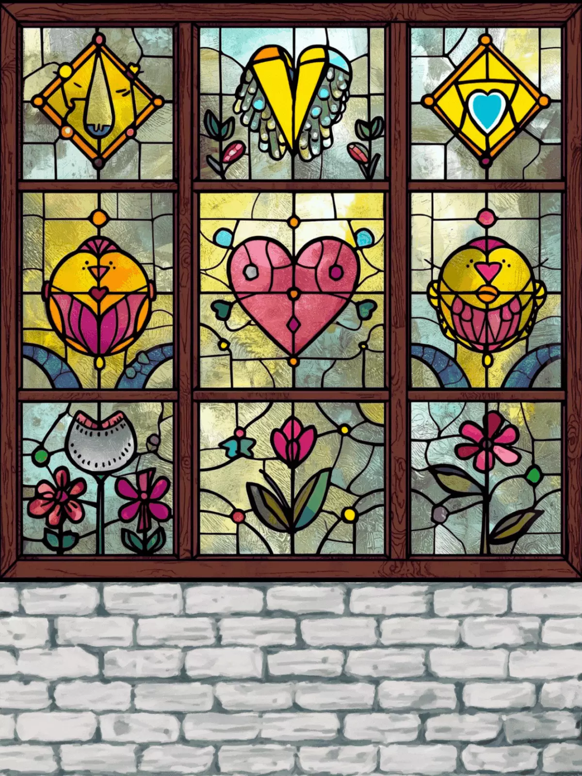 Romantic 50th anniversary card with a stained glass window illustration, featuring whimsical characters and romantic symbols. Light shines through simulated glass, creating a colorful and vibrant image.