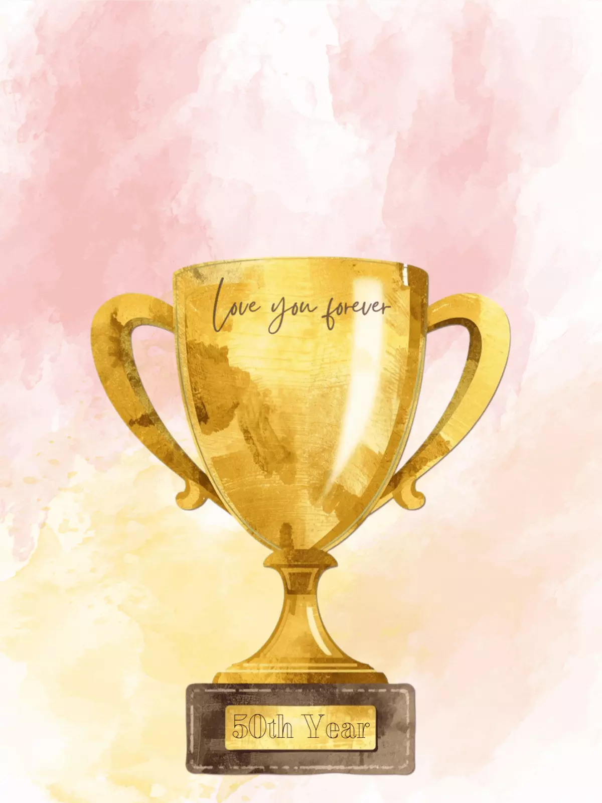 Humorous 50th anniversary card with gold foil textures, watercolor wreath, and funny message, artistic design style