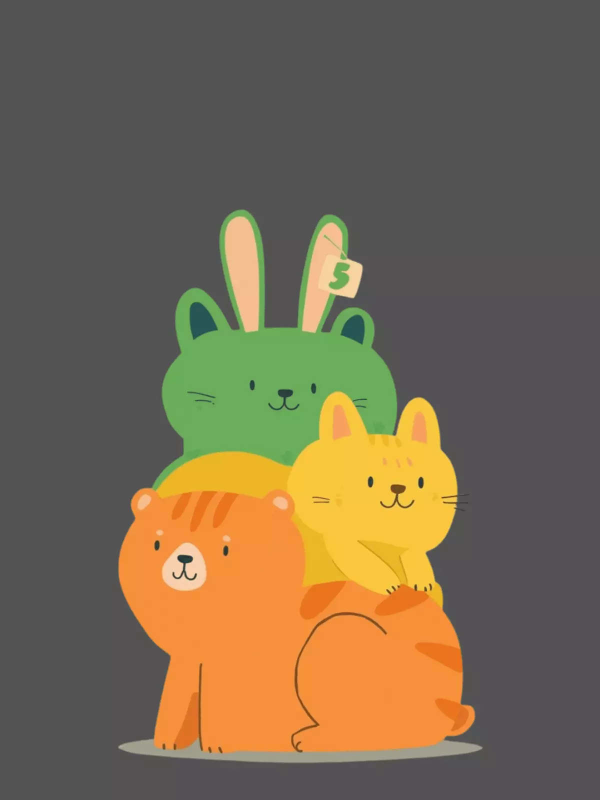 Funny 5th anniversary card featuring overlapping animal illustrations of a rabbit, bear, and cat in a cute, whimsical style.