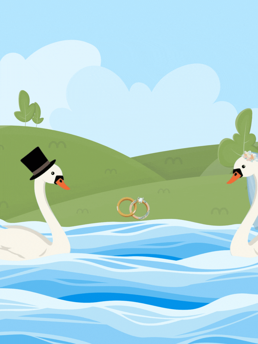 Watercolor wedding card featuring two swans in wedding outfits, humorous design, artistic style, celebrating a wedding.