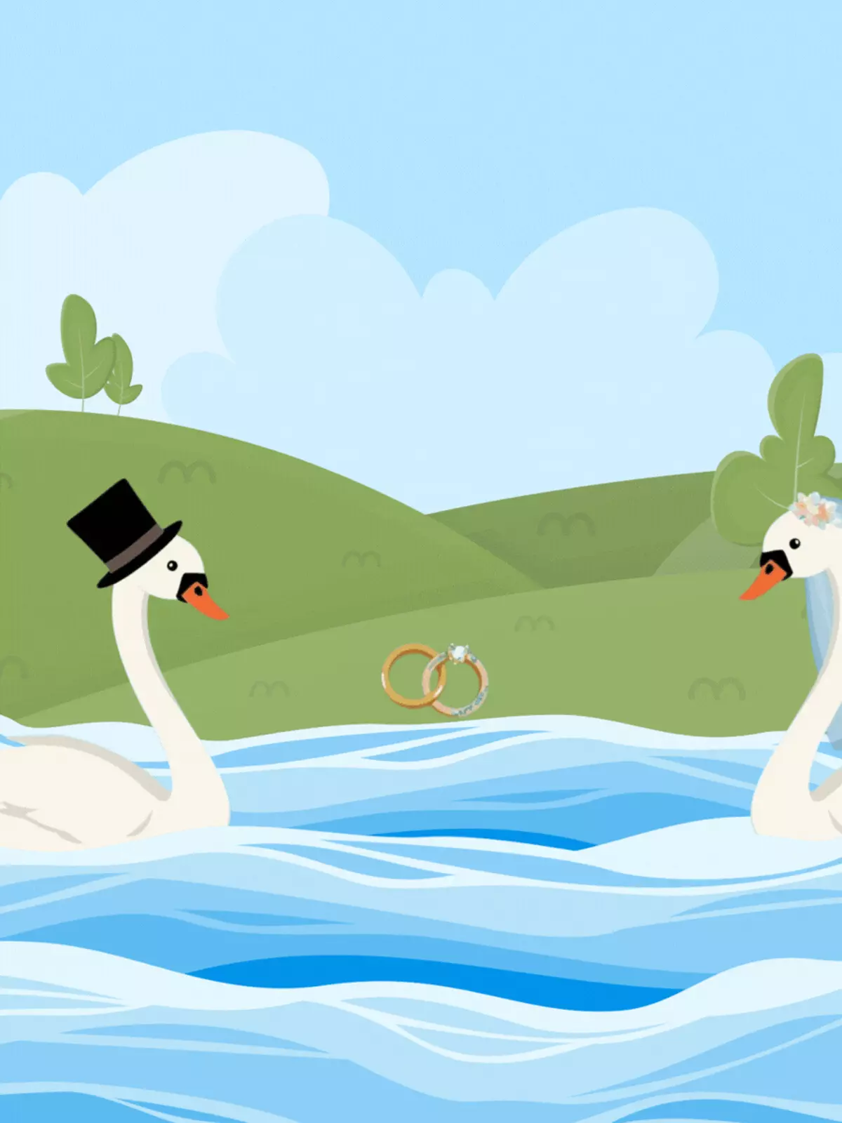 Watercolor wedding card featuring two swans in wedding outfits, humorous design, artistic style, celebrating a wedding.