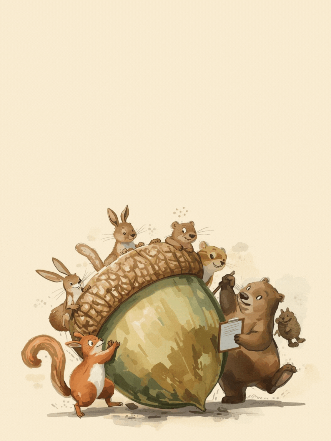 Watercolor thank you card featuring comical animals helping each other, earth tone colors, playful design