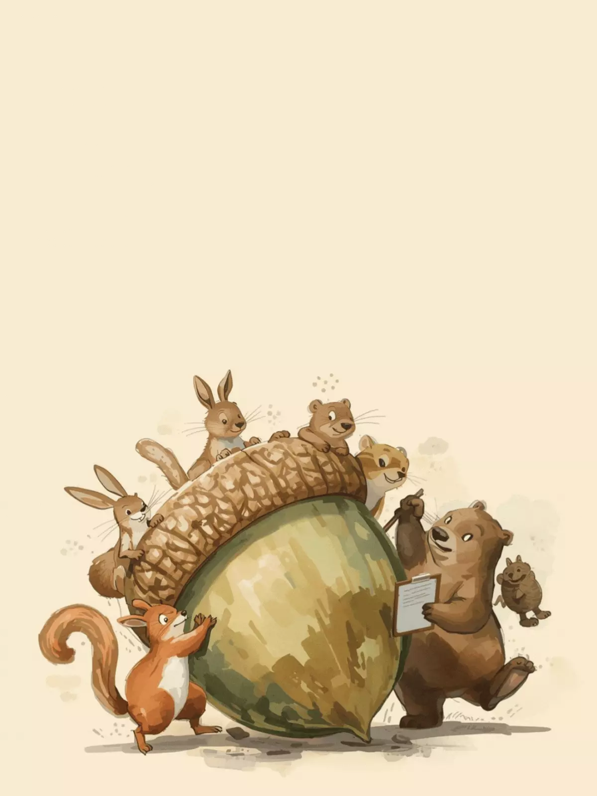 Watercolor thank you card featuring comical animals helping each other, earth tone colors, playful design