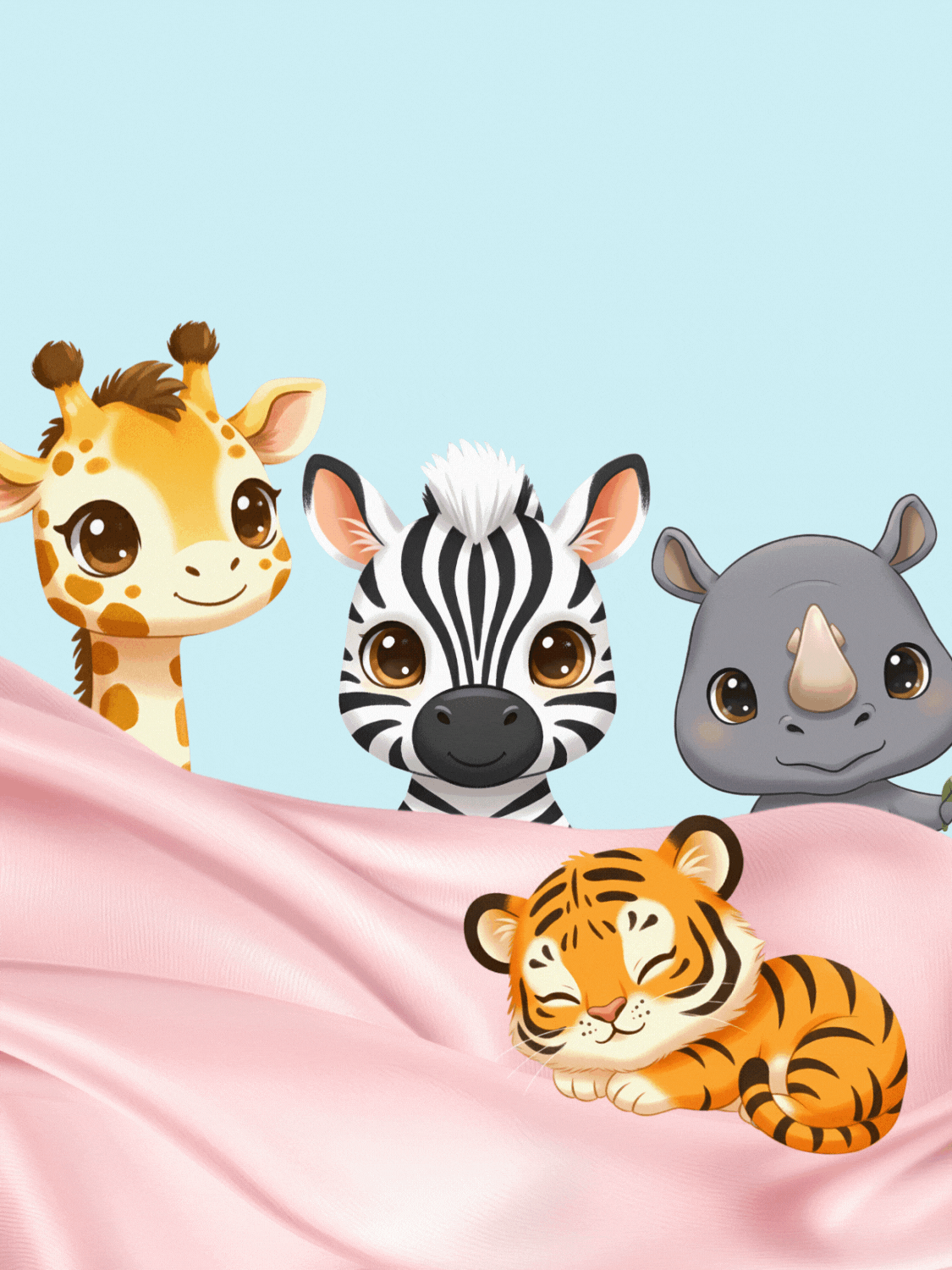 Playful baby shower card with a flowing silk texture and whimsical characters peeking out from behind colorful folds, perfect for celebrating a new baby.