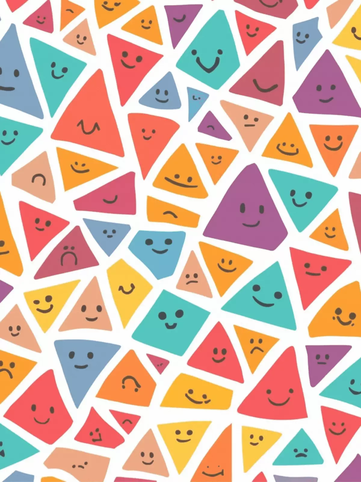 Funny 'Thinking of You' card featuring dancing colorful triangles and smiling faces, abstract pattern, whimsical design