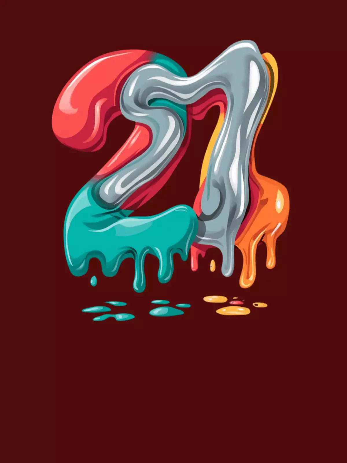 Abstract 21st birthday card featuring a melting '21' design with organic, curved shapes and dripping effects, conveying a funny and celebratory mood.