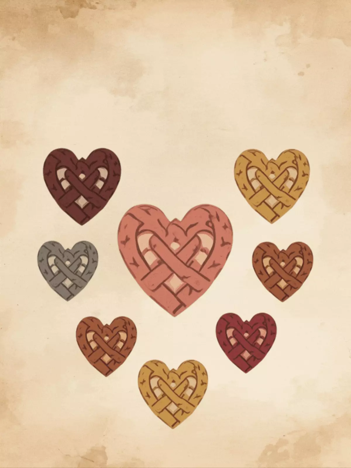 Viking Love Valentine's card featuring intricate Nordic knot patterns forming heart shapes, earthy colors, abstract design for him or friends
