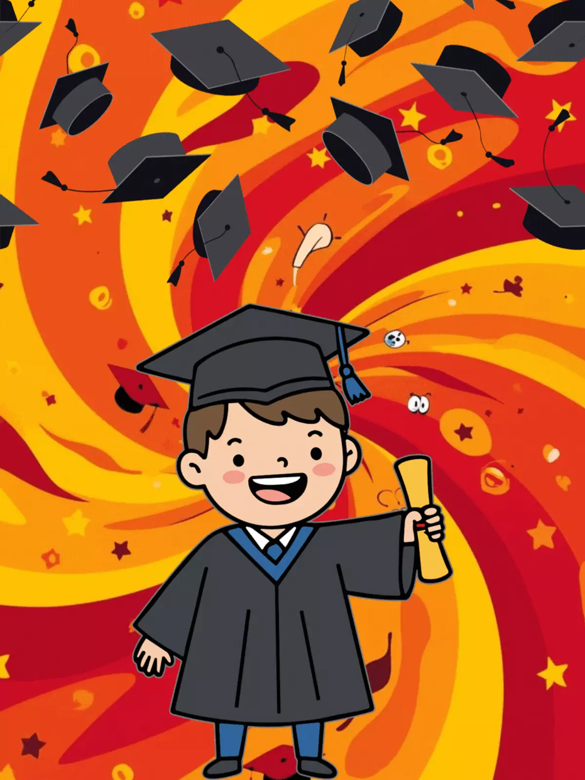 Abstract graduation card with swirling analogous colors, conveying a sense of accomplishment and celebration, modern design.