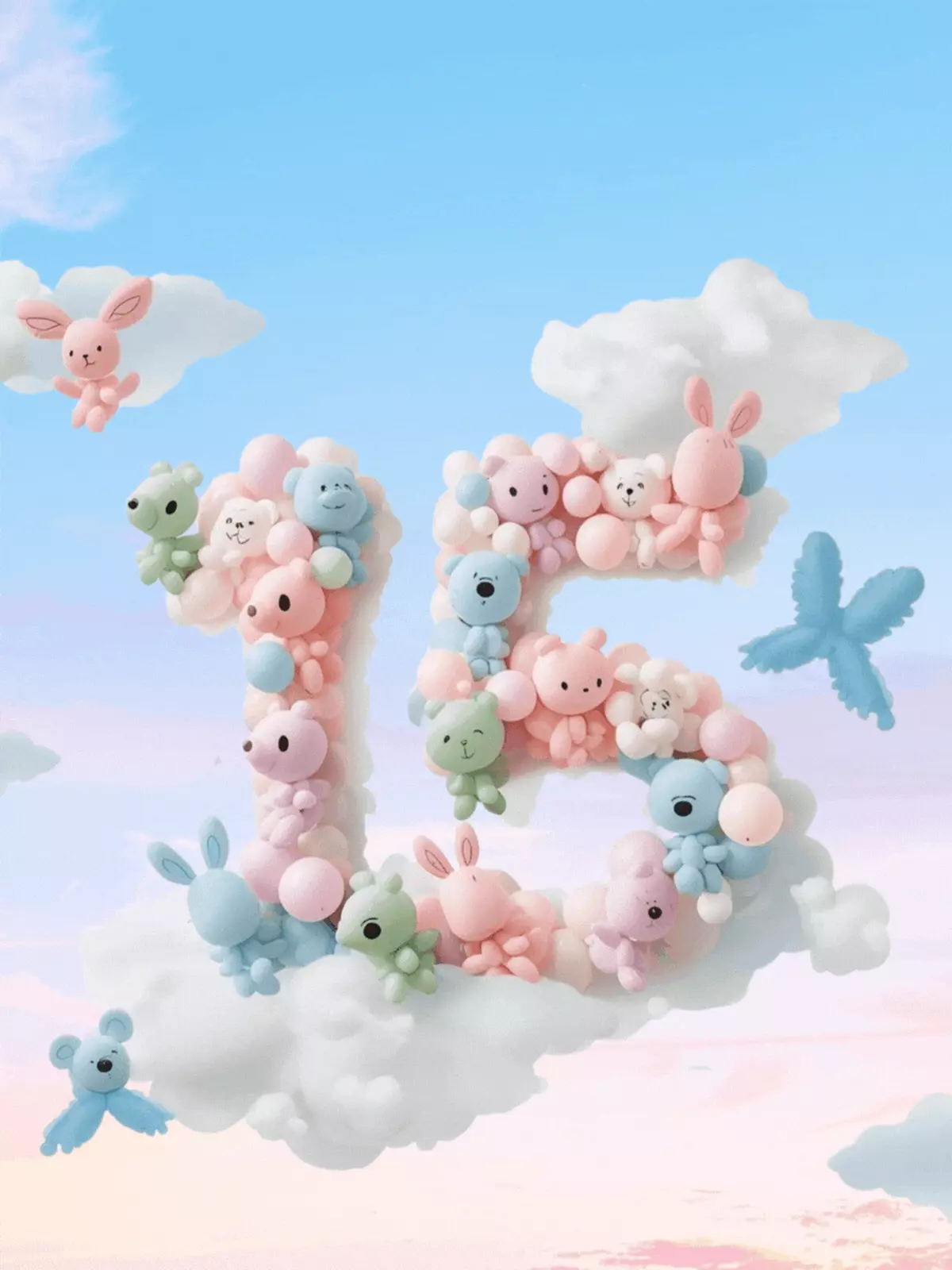 Funny 15th anniversary card featuring pastel balloon animals forming the number 15 floating among clouds, whimsical illustration style.