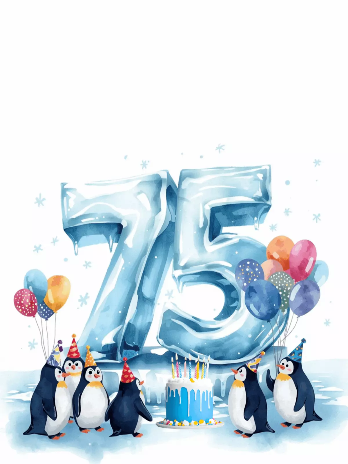 Whimsical watercolor birthday card with arctic scene in cool colors, featuring playful animals and a festive design.