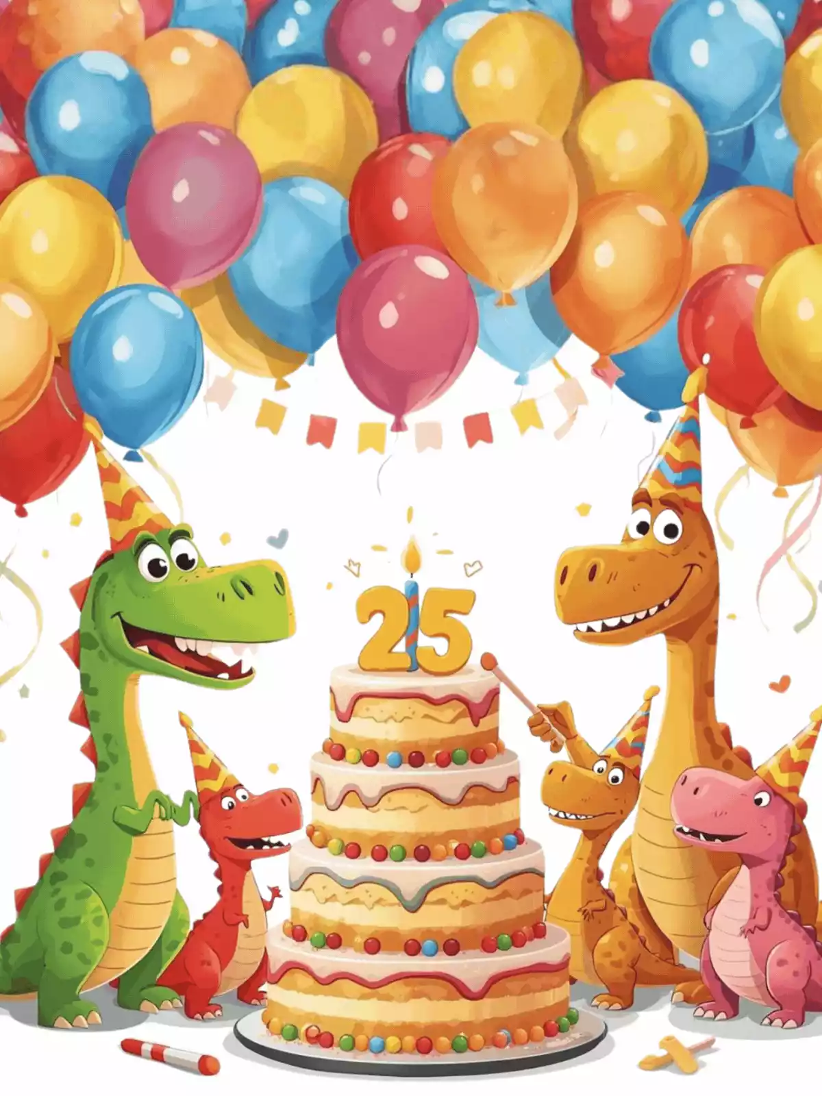 Colorful cartoon birthday card featuring dinosaurs celebrating a 25th birthday. Whimsical illustration style, perfect for kids and teens.