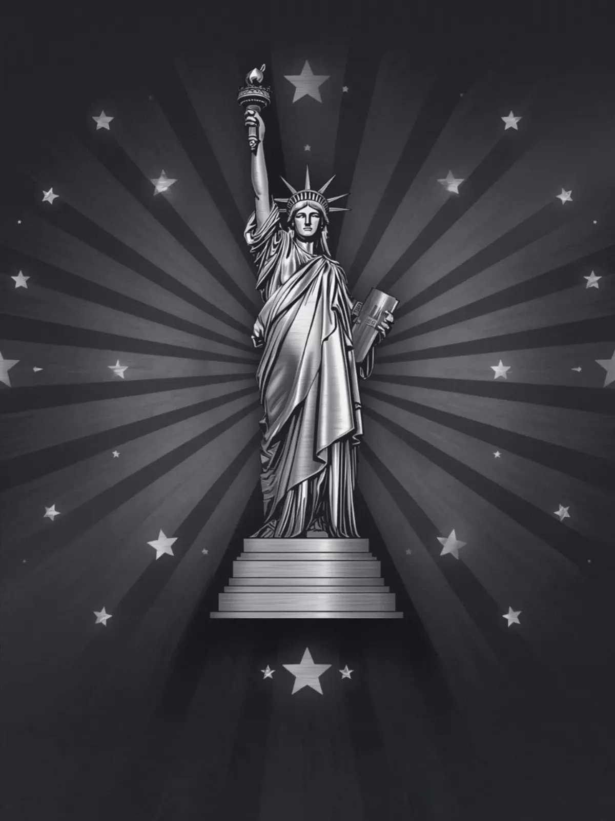 4th of July greeting card featuring the Statue of Liberty with a brushed steel effect and patriotic stars, celebrating American independence.