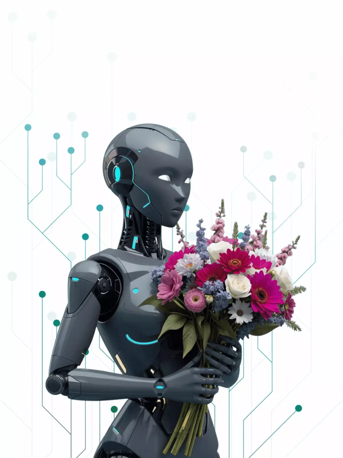 Futuristic Mother's Day card featuring a cyberpunk robot, illustration style, neon colors, modern design.