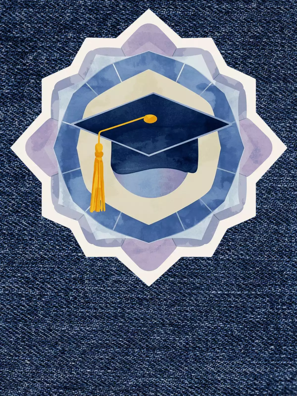 Artistic free digital congratulations card with a textured blue denim background featuring a watercolor graduation cap in shades of blue and black, perfect for celebrating academic achievements and milestones for friends and teens.