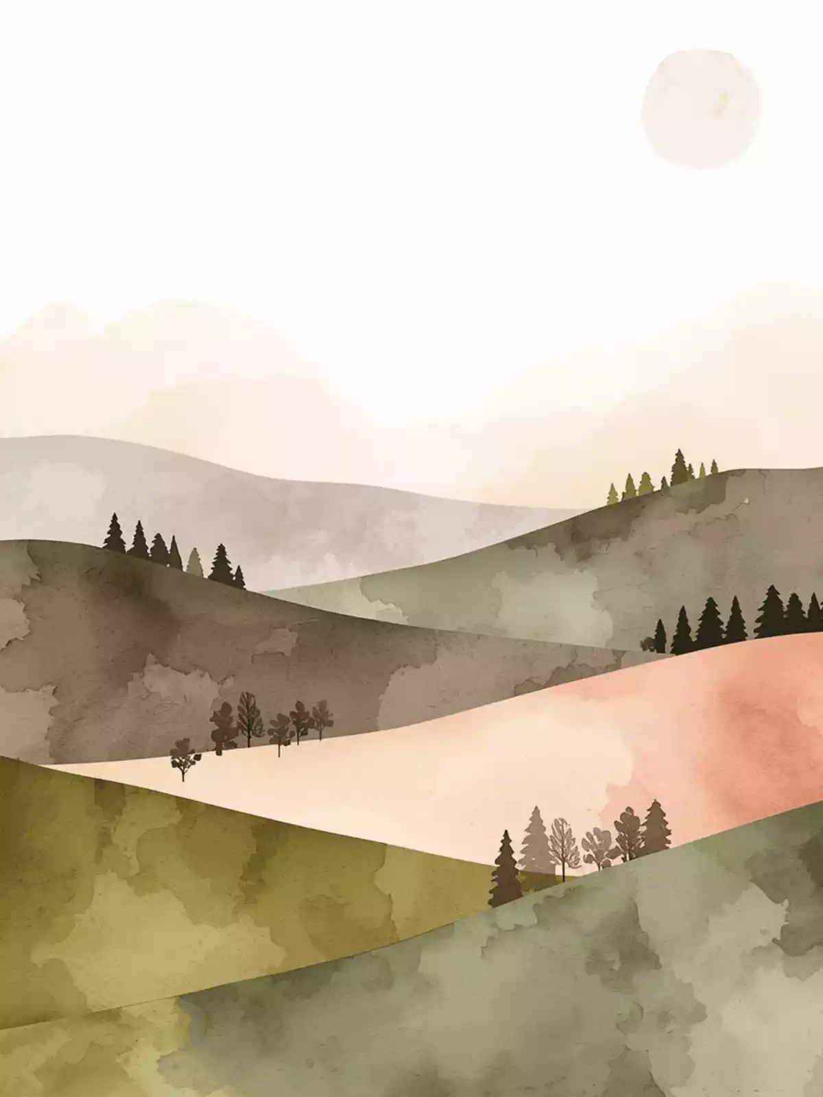 A serene Boss Day greeting card featuring an earth-toned watercolor landscape with soft greens, browns, and muted blues, an artistic and calming design, perfect for expressing professional appreciation.