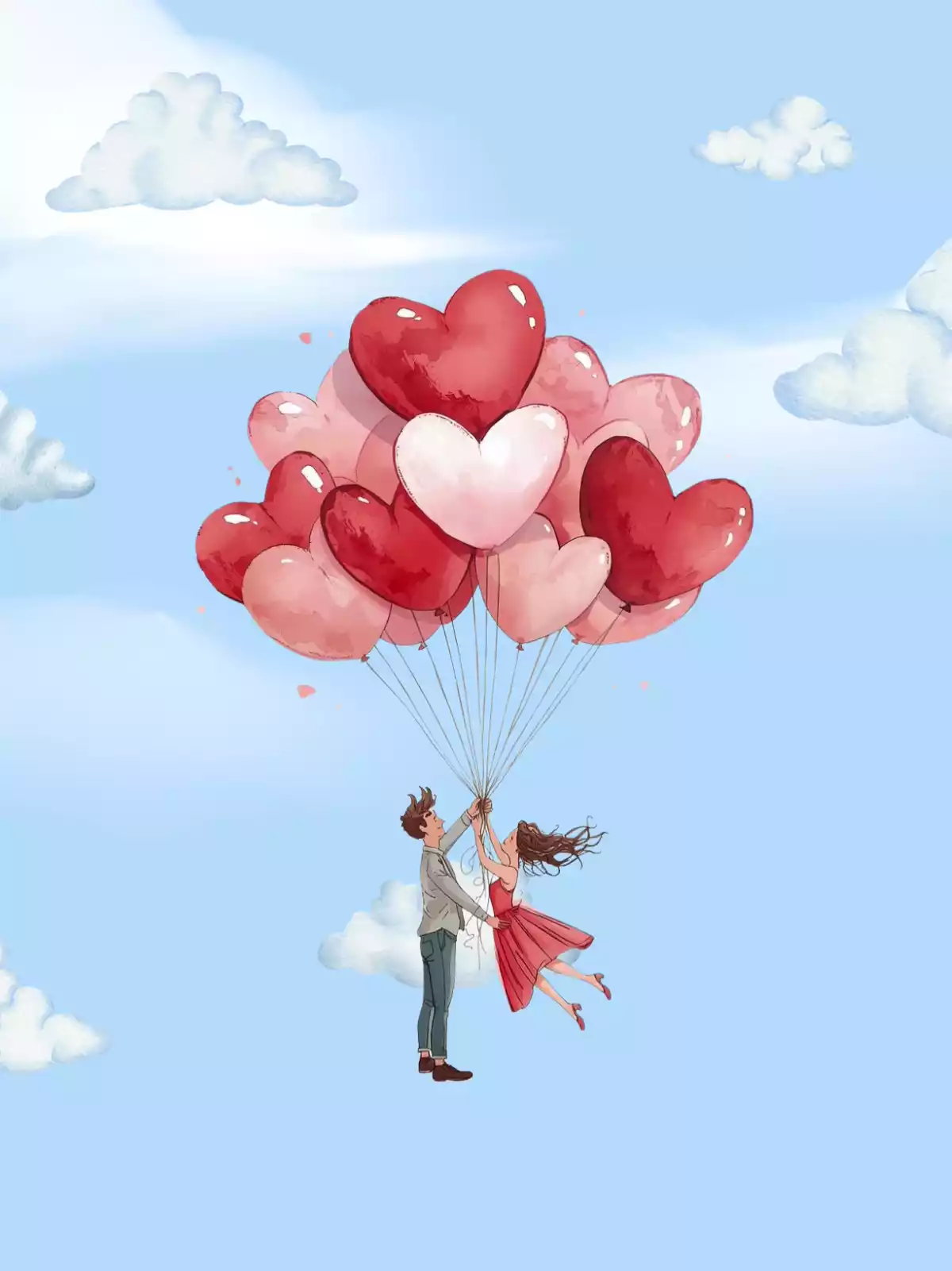 Whimsical watercolor illustration for a free romantic love card, featuring a couple joyfully soaring skyward in a cluster of large red and pink heart-shaped balloons amidst fluffy white clouds, with artistic, hand-painted details symbolizing love and adventure.