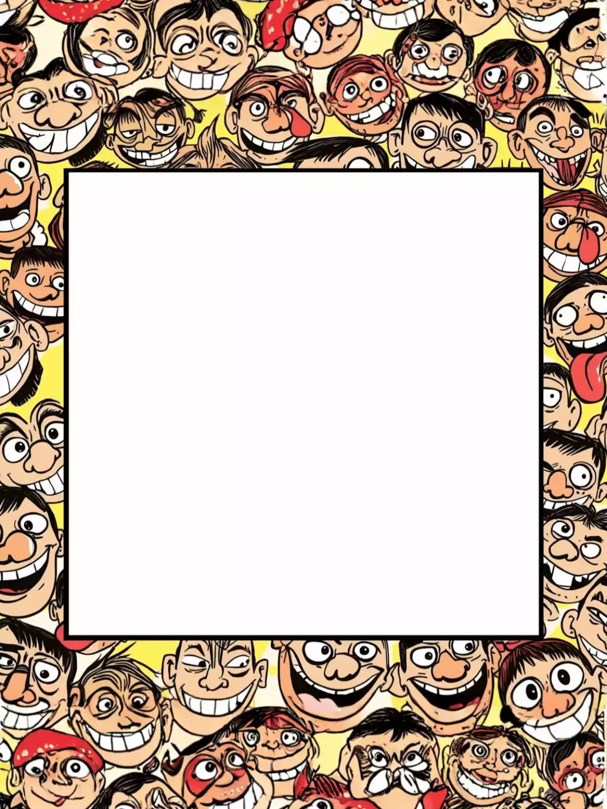 Minimalist free graduation card template featuring a thick border of repeating black and white goofy cartoon faces surrounding a bold 'Congrats, Grad!' message in the center. Modern and funny design perfect for friends and kids celebrating graduation.